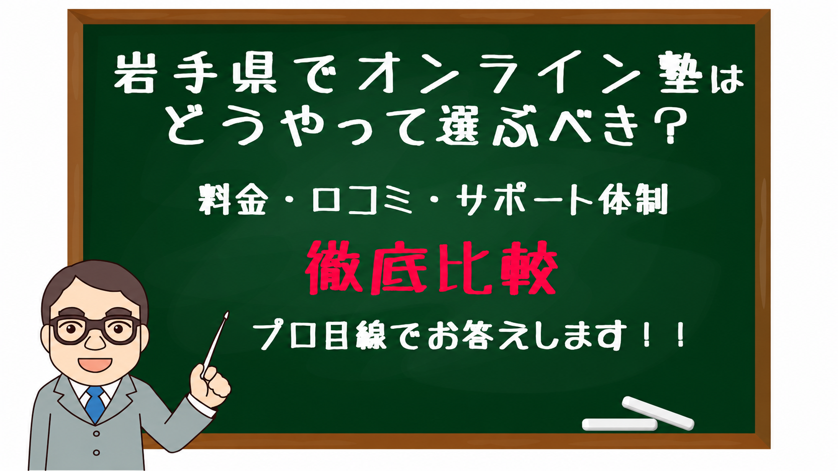 黒板に『岩手県でオンライン塾はどうやって選ぶべき？ 料金・口コミ・サポート体制 徹底比較』と書かれ、左下に笑顔の先生が指をさしている。